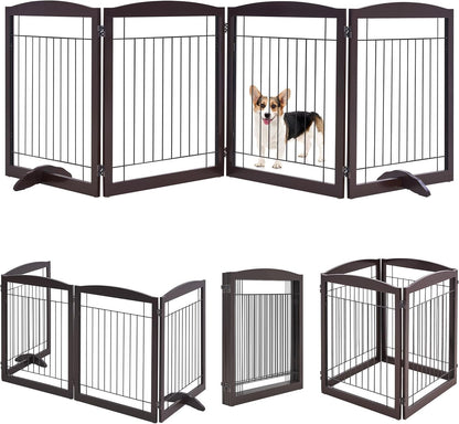 32-Inch Tall Dog Gate Extra Wide Pet Gate for Dogs Indoor Foldable Wire &amp; Wooden Puppy Safety Fence W/2 Support Feet,Freestanding Dog Gate for the House, Doorway, Stairs(Espresso,4 Panels)