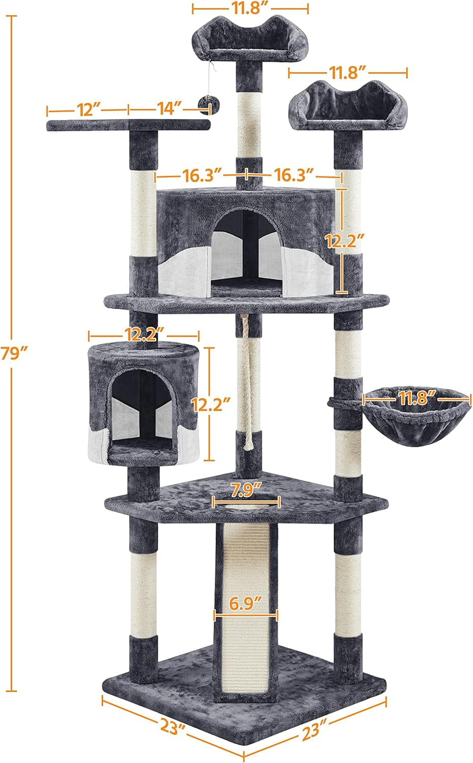 79In Multi-Level Cat Trees Indoor Cat Tower with Sisal-Covered Scratching Posts, Plush Perches and Condo for Kittens, Cats and Pets - Dark Gray and White