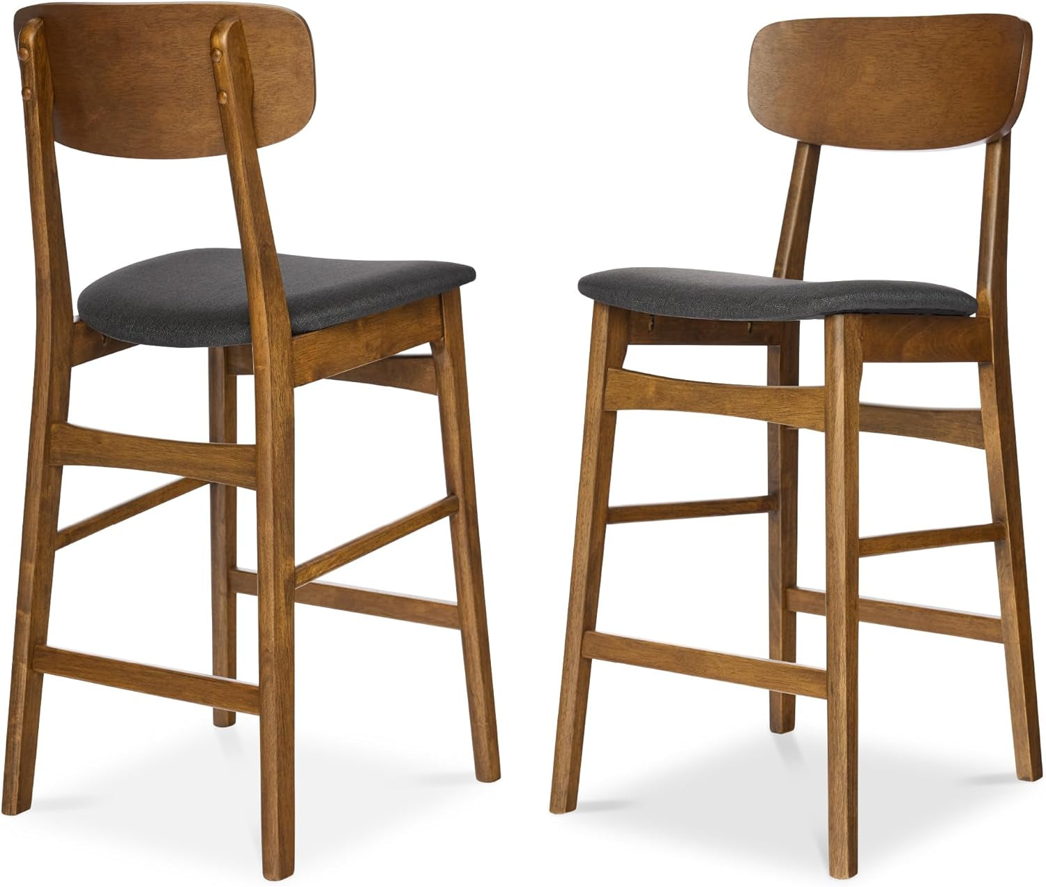 Bar Stool Set of 2, Farmhouse Counter Height W/Armless Upholstered Cushioned Seat, Wooden Curved Backrest - Walnut/Charcoal