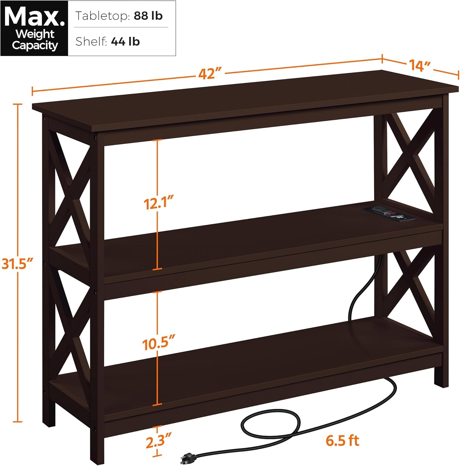 TV Stand with Power Outlet, Entertainment Center for TV up to 45 Inch, 3-Tier Media Console Table with Open Storage Shelves for Bedroom/Living Room/Hallway Espresso