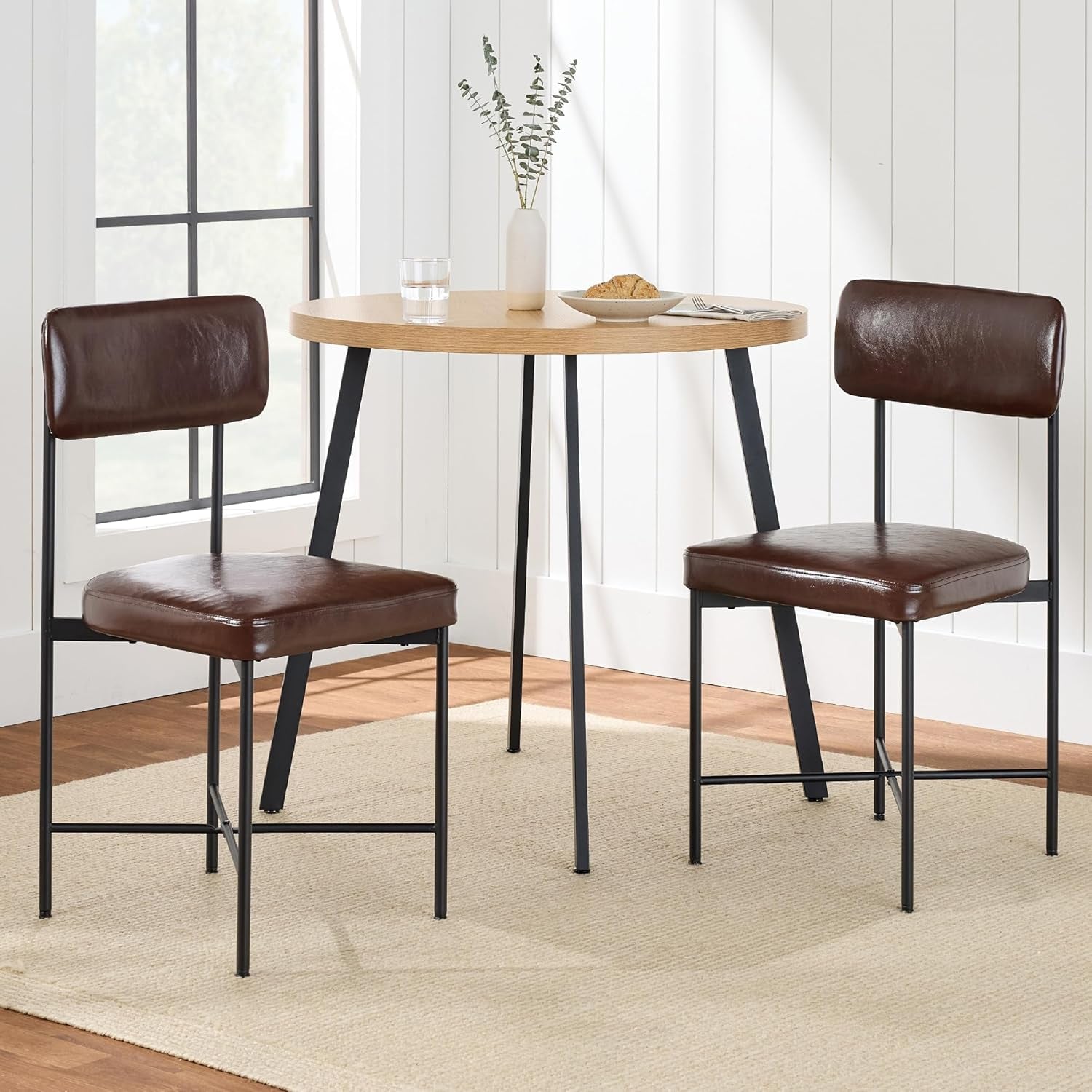 Faux Leather Dining Chair Set of 2, Standard Height, Metal Frame Padded Cushions for Kitchen and Dining - Mocha Brown