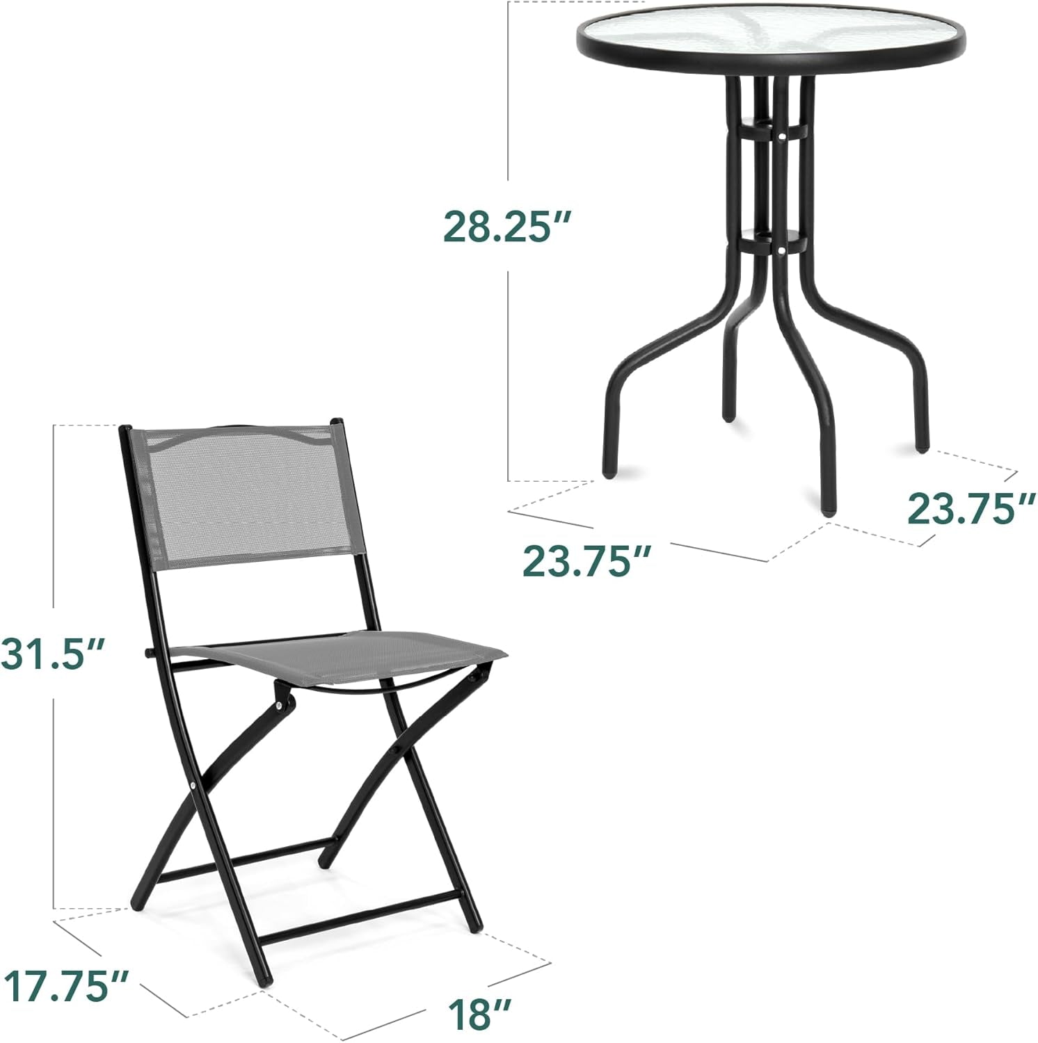 3-Piece Patio Bistro Dining Furniture Set W/Glass Tabletop, 2 Folding Chairs, Steel Frame, Polyester Fabric - Gray