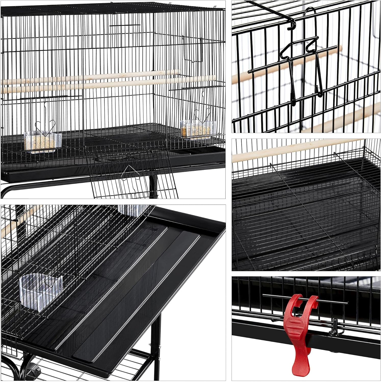 47-Inch Rolling Breeding Flight Bird Cages for Parakeets Budgies Finches Cockatiels Conures Lovebirds Canaries Parrots W/Detachable Stand, Black