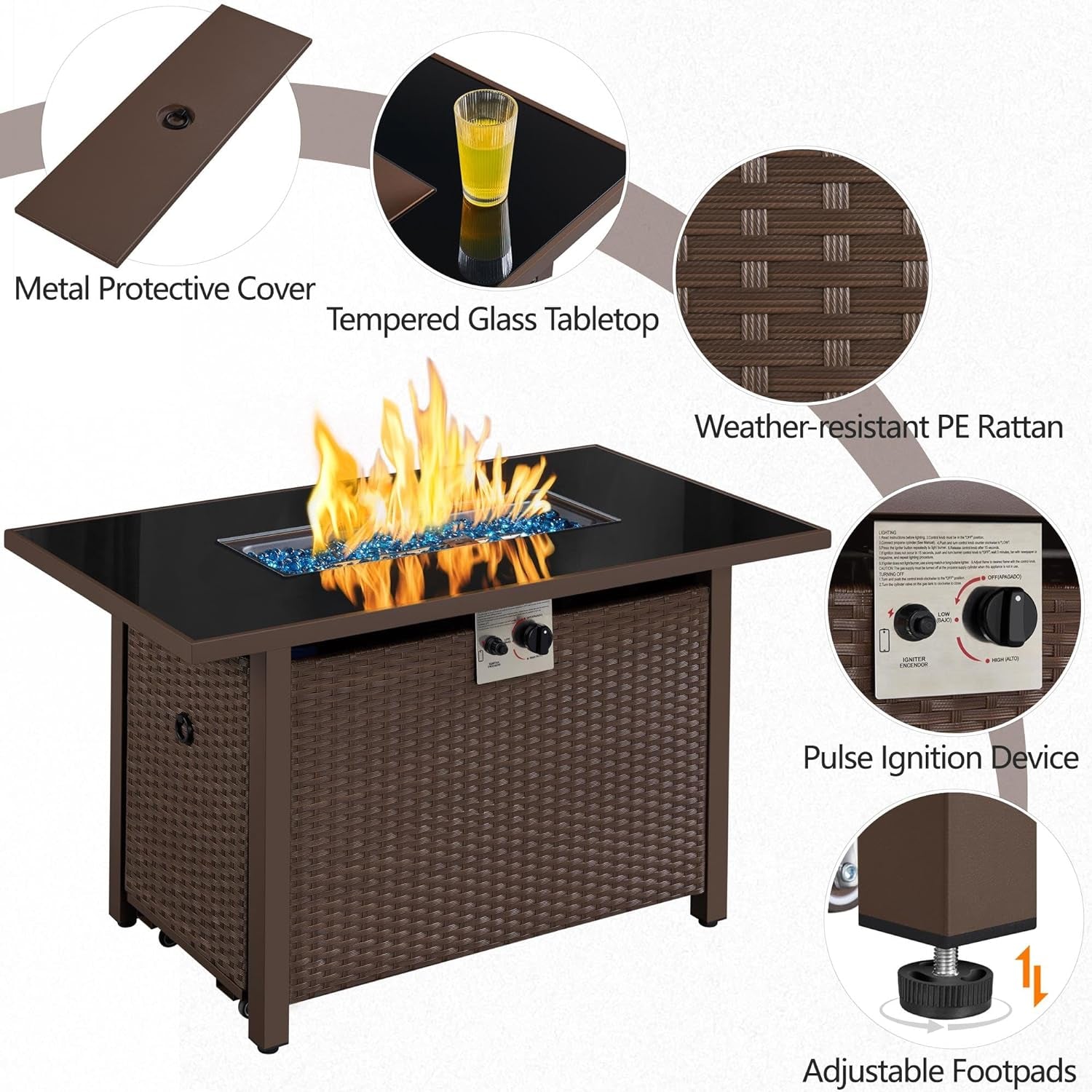 43 in Propane Fire Pit 50,000 BTU Outdoor Gas Fire Pit Table with Tempered Glass Tabletop and Rattan Wicker Base, Rectangle Fire Table for Patio Deck Party Gathering W/Rain Cover, Brown