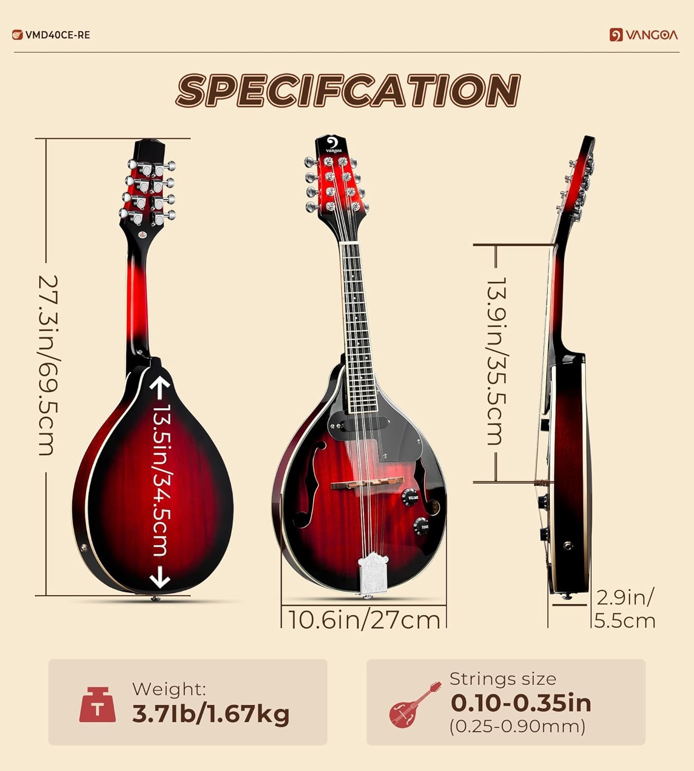 Mandolin Musical Instrument a Style Acoustic Electric Mandolin Instrument, 8 Strings Mahogany Mandolin for Beginner Adults Teens, Cherry Red