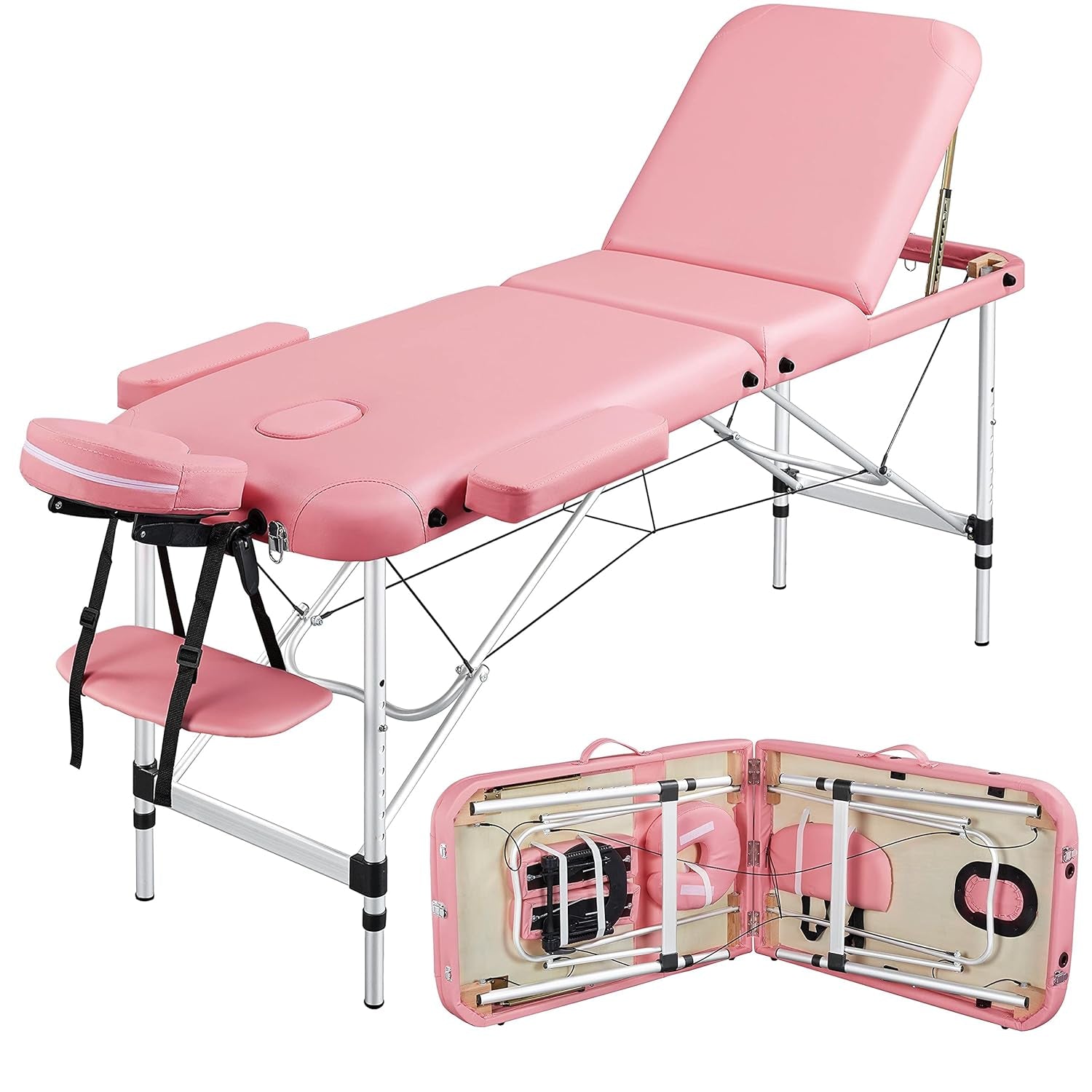 Massage Tables Portable Tattoo Table Adjustable Lash Bed Aluminium 3 Folding Spa Bed with Non-Woven Bag 24 Inch Wide Black