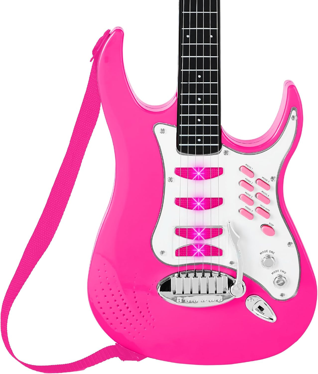 Kids Electric Musical Guitar Play Set, Toy Guitar Starter Kit Bundle W/ 6 Demo Songs, Whammy Bar, Microphone, Amp, AUX, 2 Sticker Sheets - Pink