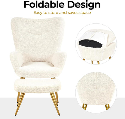 Boucle Accent Chair and Ottoman Set, Sherpa Armchair with Golden Metal Legs, High Back Reading Chair and Footstool for Living Room, Bedroom, Lounge, Ivory