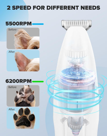 Dog Paw Trimmer, 2 Speed Low Noise Dog Clippers for Grooming, Cordless Rechargeable Dog Hair Trimmer with LED Light, Widen Blade Cat Pet Hair Shaver for Paws, Eyes, Ears, Face, Rump (White)