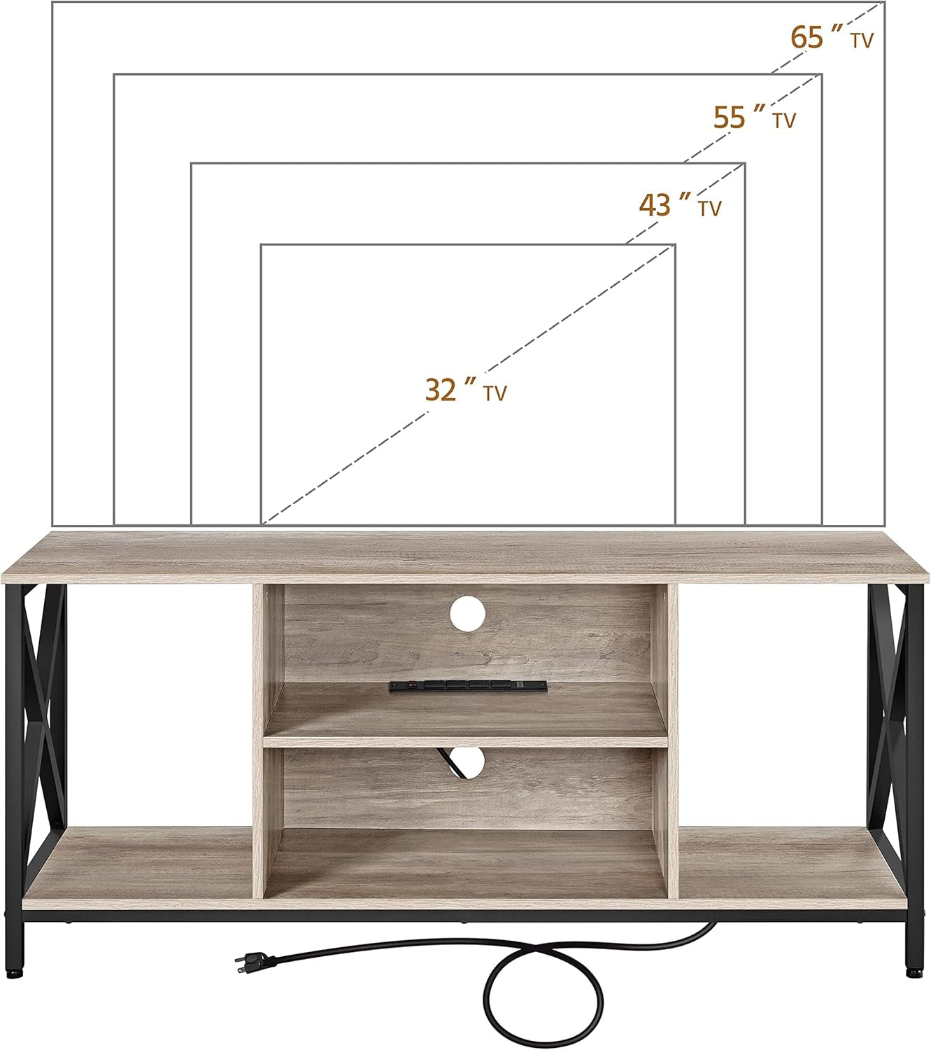 TV Stand for 65 Inch TV, Industrial Entertainment Center TV Console with Power Outlets, Modern TV Cabinet with Open Storage Shelves for Living Room, Gray