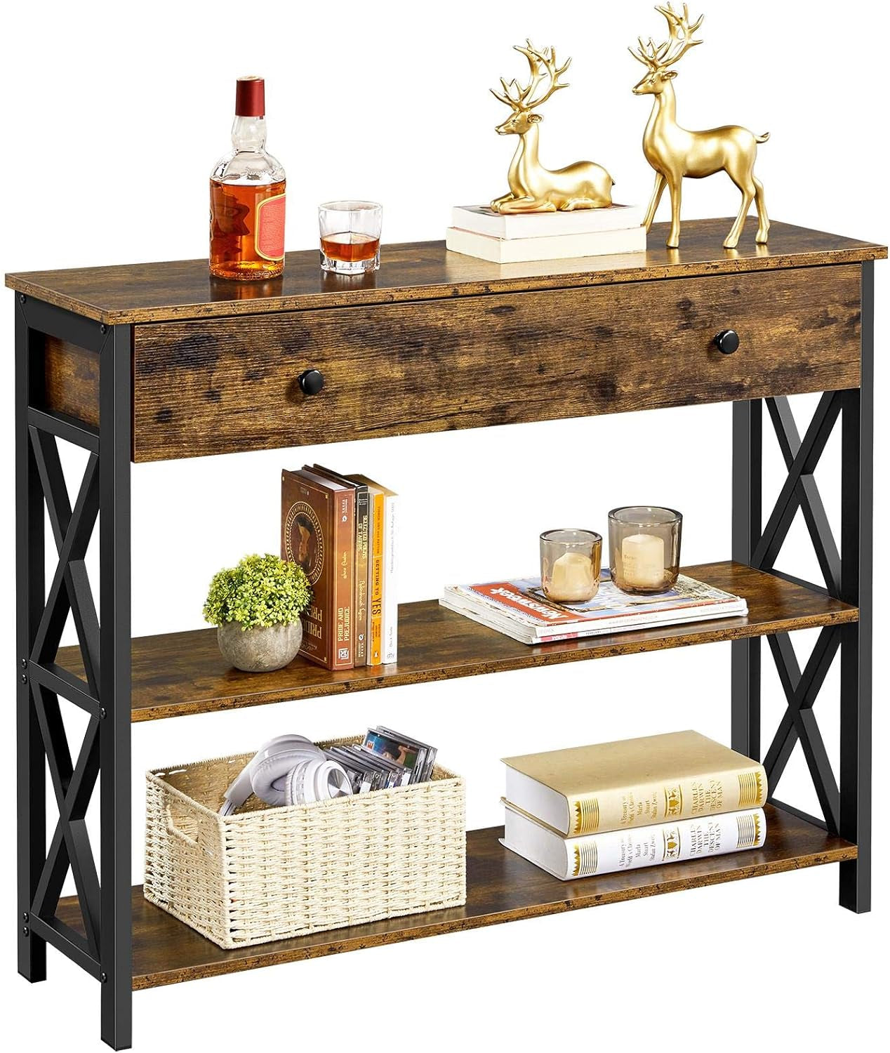 TV Stand for TV up to 45 Inch, Entertainment Center with Drawer, Media Console Table with Storage Shelves, for Living Room, Metal Frame, Rustic Brown