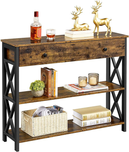 TV Stand for TV up to 45 Inch, Entertainment Center with Drawer, Media Console Table with Storage Shelves, for Living Room, Metal Frame, Rustic Brown