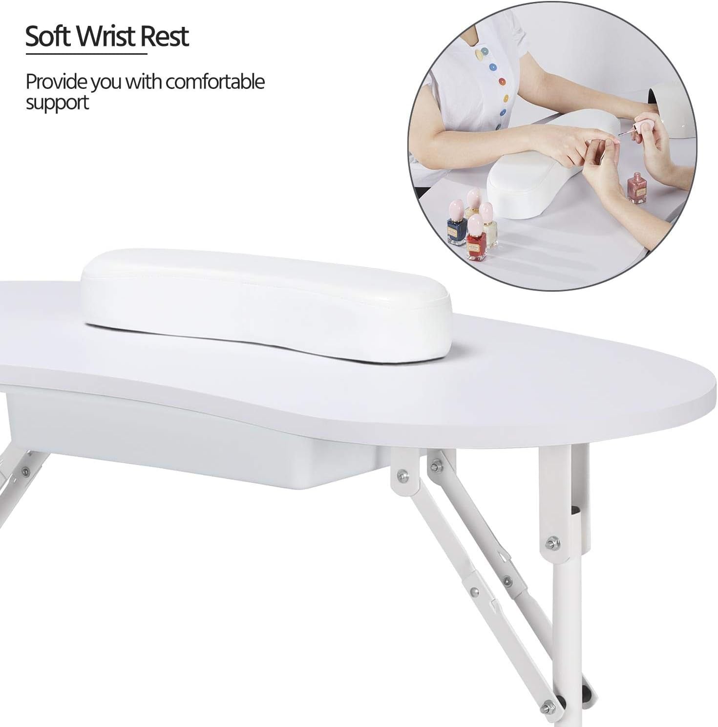 37-Inch Portable &amp; Foldable Manicure Table Nail Desk Workstation with Large Drawer/Client Wrist Pad/Controllable Wheels/Carrying Case for Spa Beauty Salon White, 1 Count (Pack of 1)