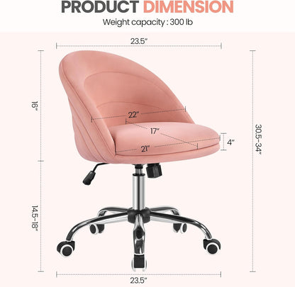 Velvet Cute Desk Chair Armless Office Chair Swivel Vanity Chair with Wheels Adjustable Comfy Desk Chair Soft Rocking Chair for Home Office, Living Room Pink