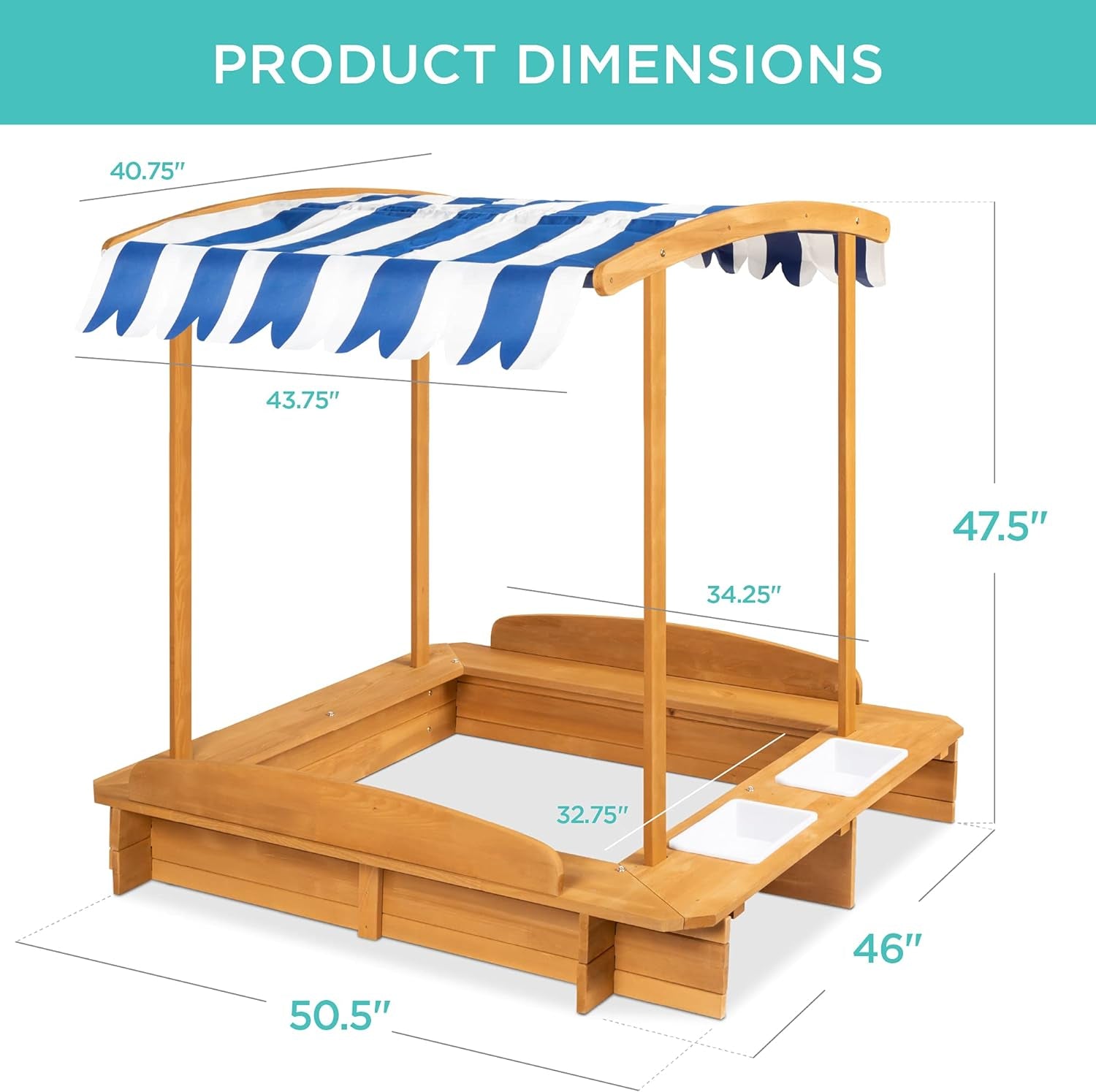 Kids Wooden Cabana Sandbox Play Station for Children, Outdoor, Backyard W/ 2 Bench Seats, Uv-Resistant Canopy Shade, Fabric Sandpit Cover, 2 Side Buckets - Natural