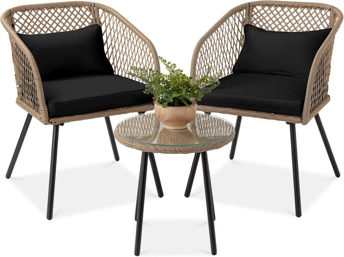 3-Piece Outdoor Wicker Bistro Set, Patio Dining Conversation Furniture for Backyard, Balcony, Porch W/Diamond Weave Design, Tempered Glass Side Table, 2 Chairs - Black