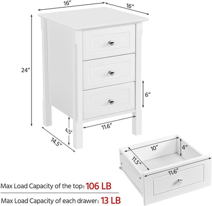 Nightstand with 3 Drawers, Wooden 3-Drawer Bedside Table with Solid Wood Legs, Bedside Cupboard Storage Organizer for Bedroom Home Office Small Space, Easy Assembly, White