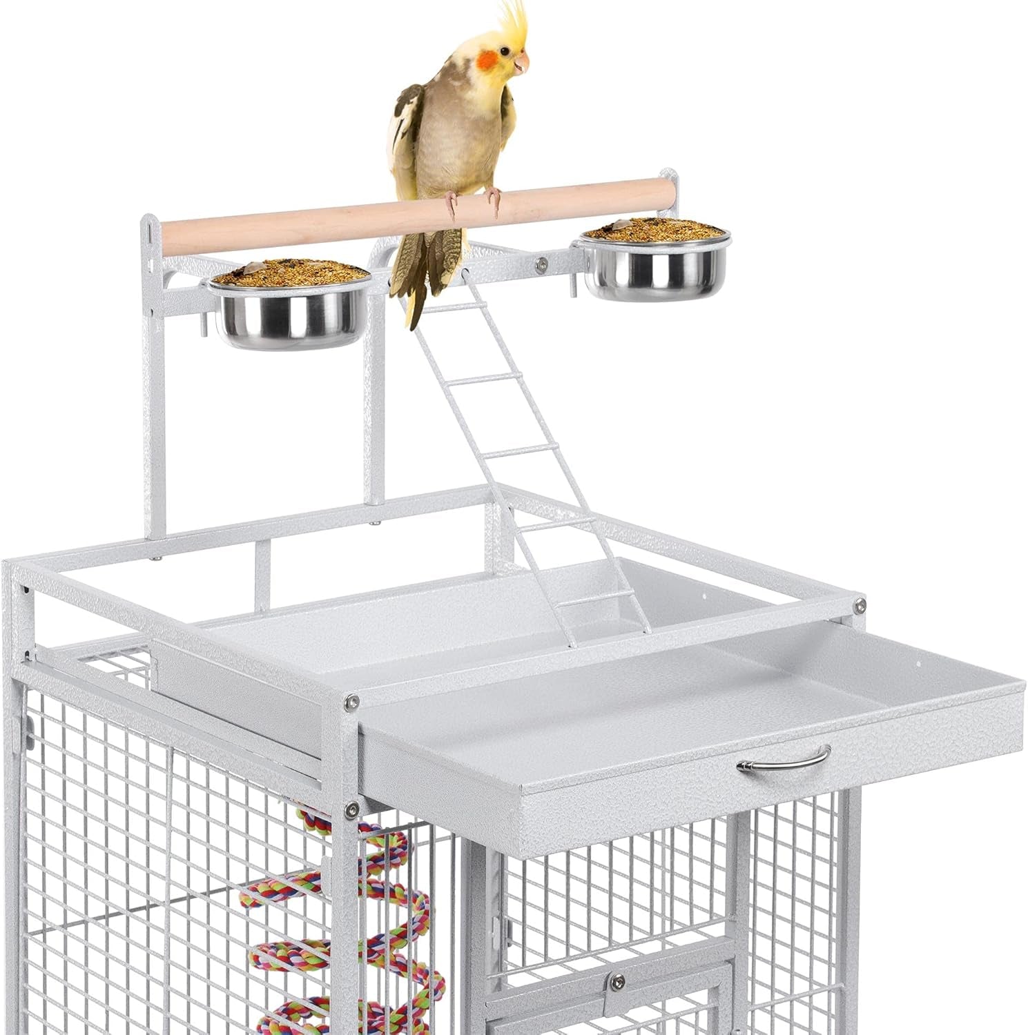 Wrought Iron Bird Cages, Play Top Large Aviary with Stand for Cockatiel Parrot Sun Parakeet Conures Lovebird Budgie Finch African Grey White, 61-Inch