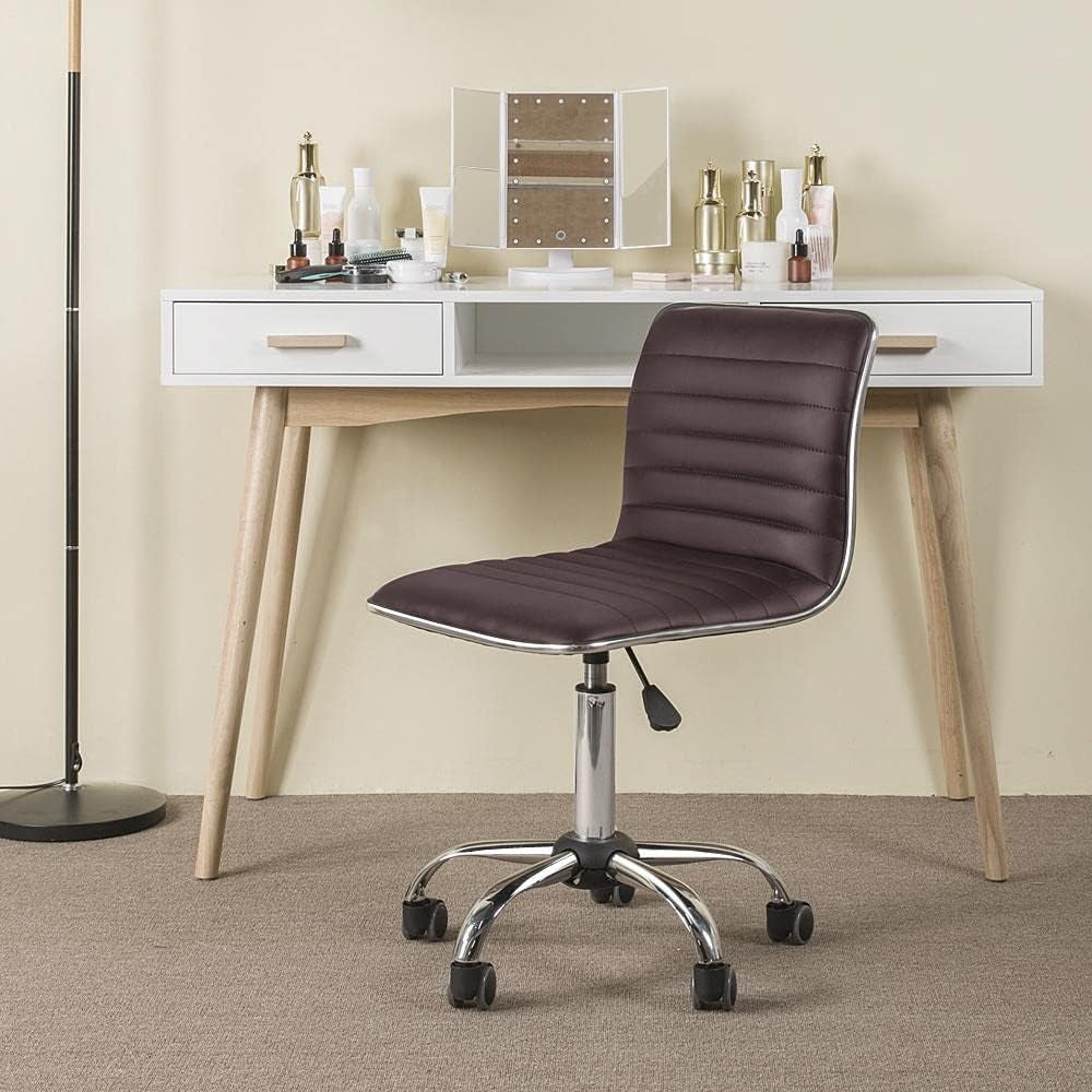 Executive Armless PU Leather Ergonomic Chair Office Task Low Back Swivel Chair W/Backrest Wheels for Study Office, Brown