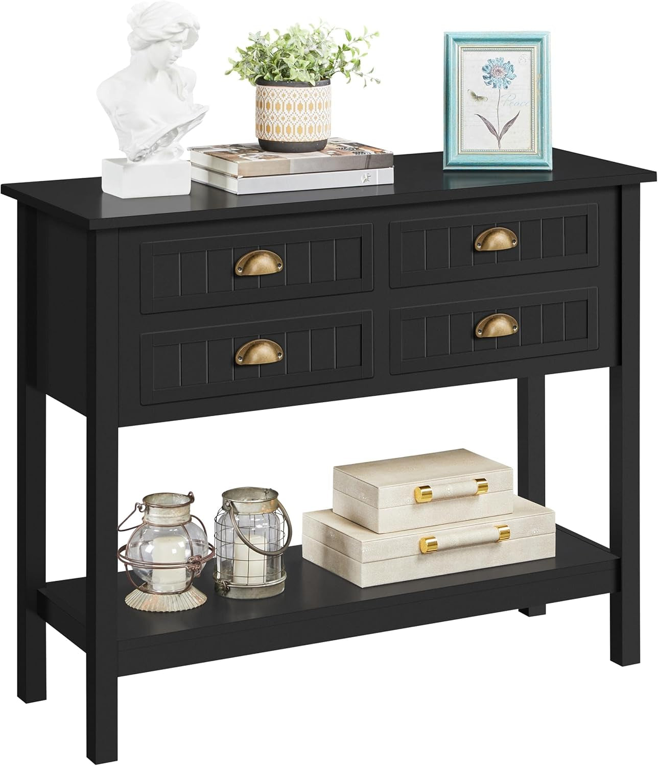 Console Table with 4 Drawers, Sofa Side Table with Bottom Open Storage Shelf, Heavy-Duty Entryway Table for Hallway/Living Room, 39.5X14X32 Inch, Black