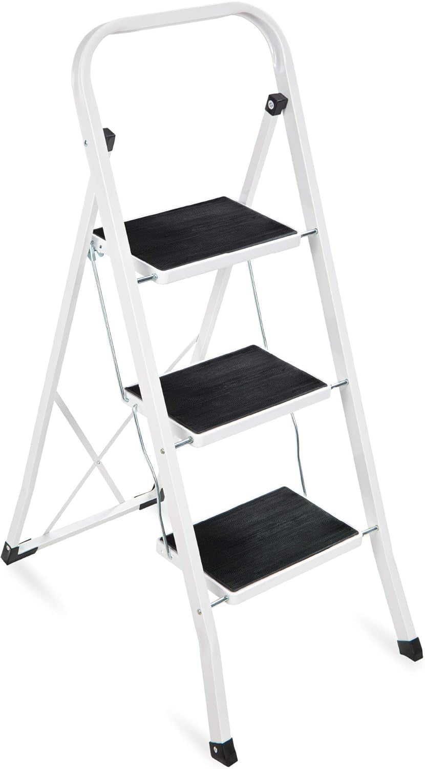 3 Step Ladder Folding Sturdy Lightweight Portable Step Stool for Kitchen, Bedroom, Home W/Non-Slip Rubber Feet, Padded Platforms Pads, 330Lb Capacity - White