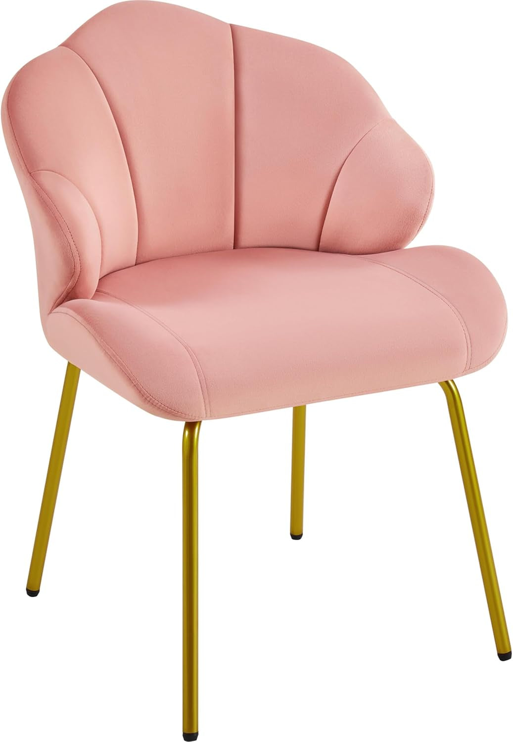 Velvet Accent Chair, Cute Vanity Chair with Shell-Shaped Backrest, Modern Armchair Side Chair with Golden Legs for Living Room/Bedroom/Home Office/Makeup, Pink