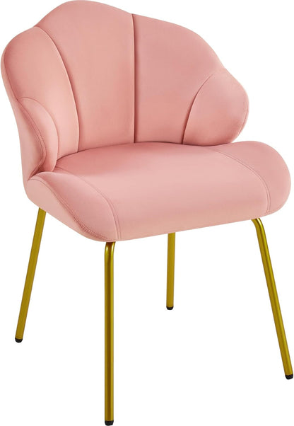 Velvet Accent Chair, Cute Vanity Chair with Shell-Shaped Backrest, Modern Armchair Side Chair with Golden Legs for Living Room/Bedroom/Home Office/Makeup, Pink