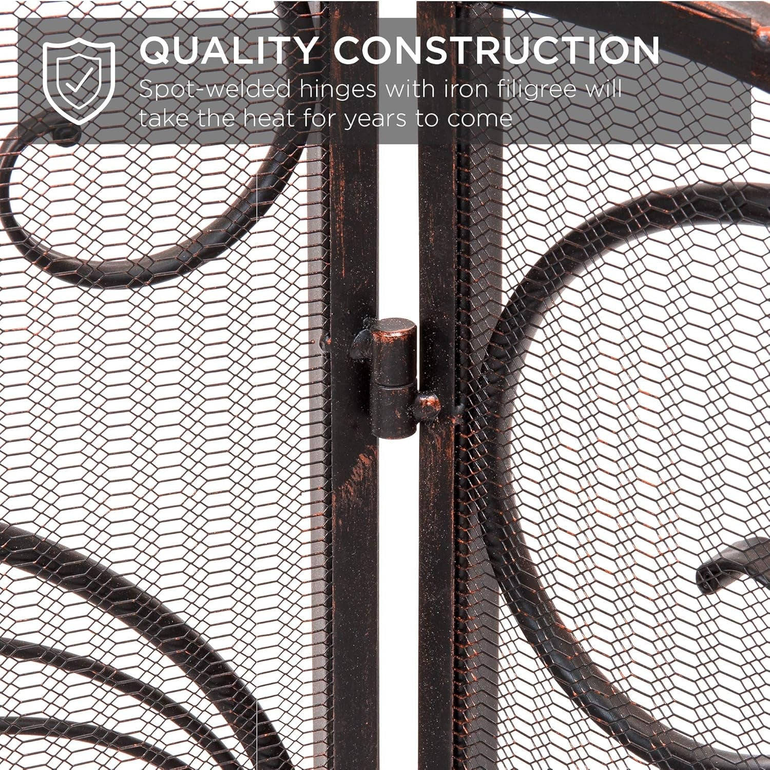 3-Panel 55X33In Solid Wrought Iron See-Through Metal Fireplace Screen, Spark Guard Safety Protector W/Decorative Scroll - Copper