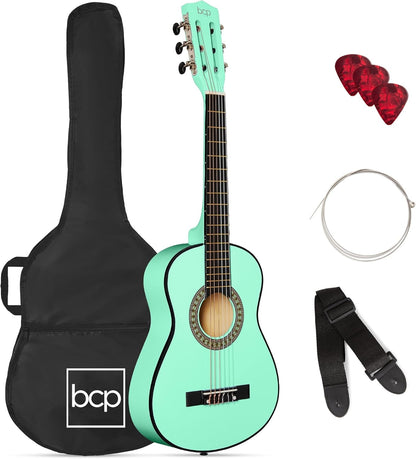 38In Beginner All Wood Acoustic Guitar Starter Kit W/Gig Bag, 6 Celluloid Picks, Nylon Strings, Capo, Cloth, Strap W/Pick Holder - Matte Black