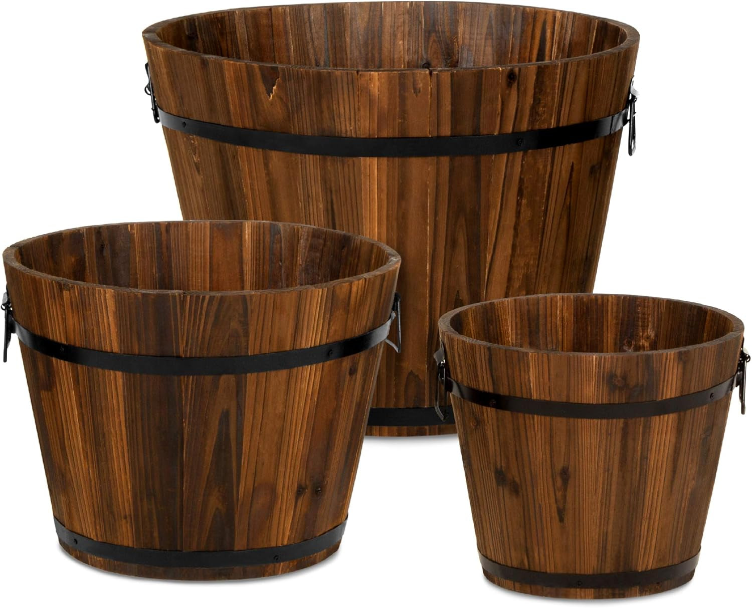 Set of 3 Wooden Bucket Barrel Garden Planters Set Rustic Decorative Flower Beds for Plants, Herbs, Veggies W/Drainage Holes, Multiple Sizes, Indoor Outdoor Use