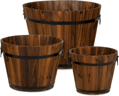 Set of 3 Wooden Bucket Barrel Garden Planters Set Rustic Decorative Flower Beds for Plants, Herbs, Veggies W/Drainage Holes, Multiple Sizes, Indoor Outdoor Use