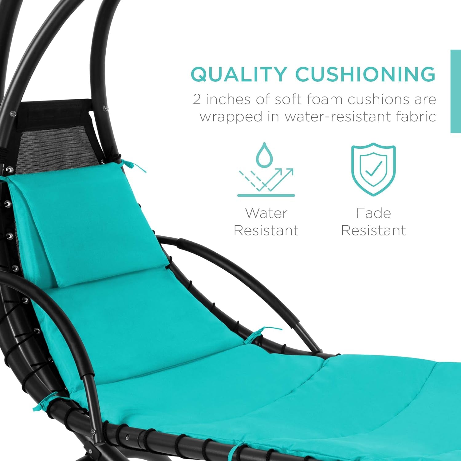 Outdoor Hanging Curved Steel Chaise Lounge Chair Swing W/Built-In Pillow and Removable Canopy - Teal