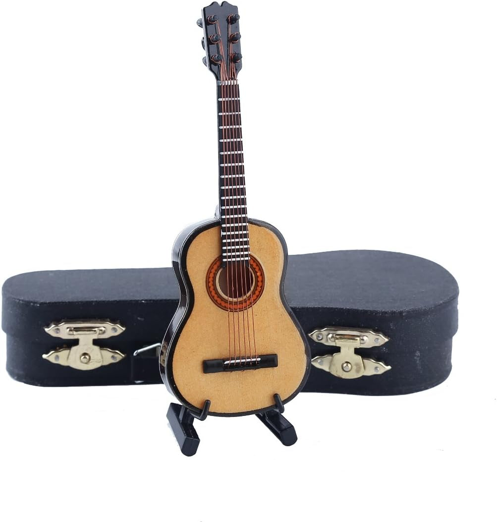 Wooden Miniature Guitar with Stand and Case Mini Musical Instrument Replica Collectible Dollhouse Accessories Model Home Decoration Ornament (5.12&quot;X1.85&quot;X0.67&quot;)