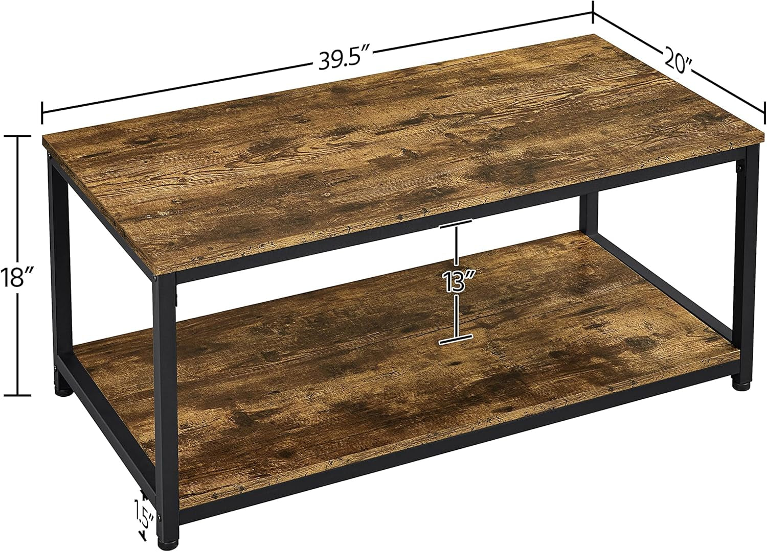 2-Tier Coffee Table, Industrial Wood Coffee Table with Storage Shelf for Living Room, Rectangle Side End Table with Metal Frame, Rustic Brown