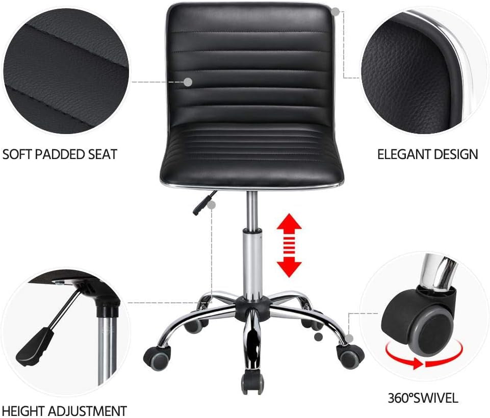 Armless Office Chair Low Back Swivel Computer/Desk/Task Chair Adjustable Makeup Stools on Wheels Dark Grey