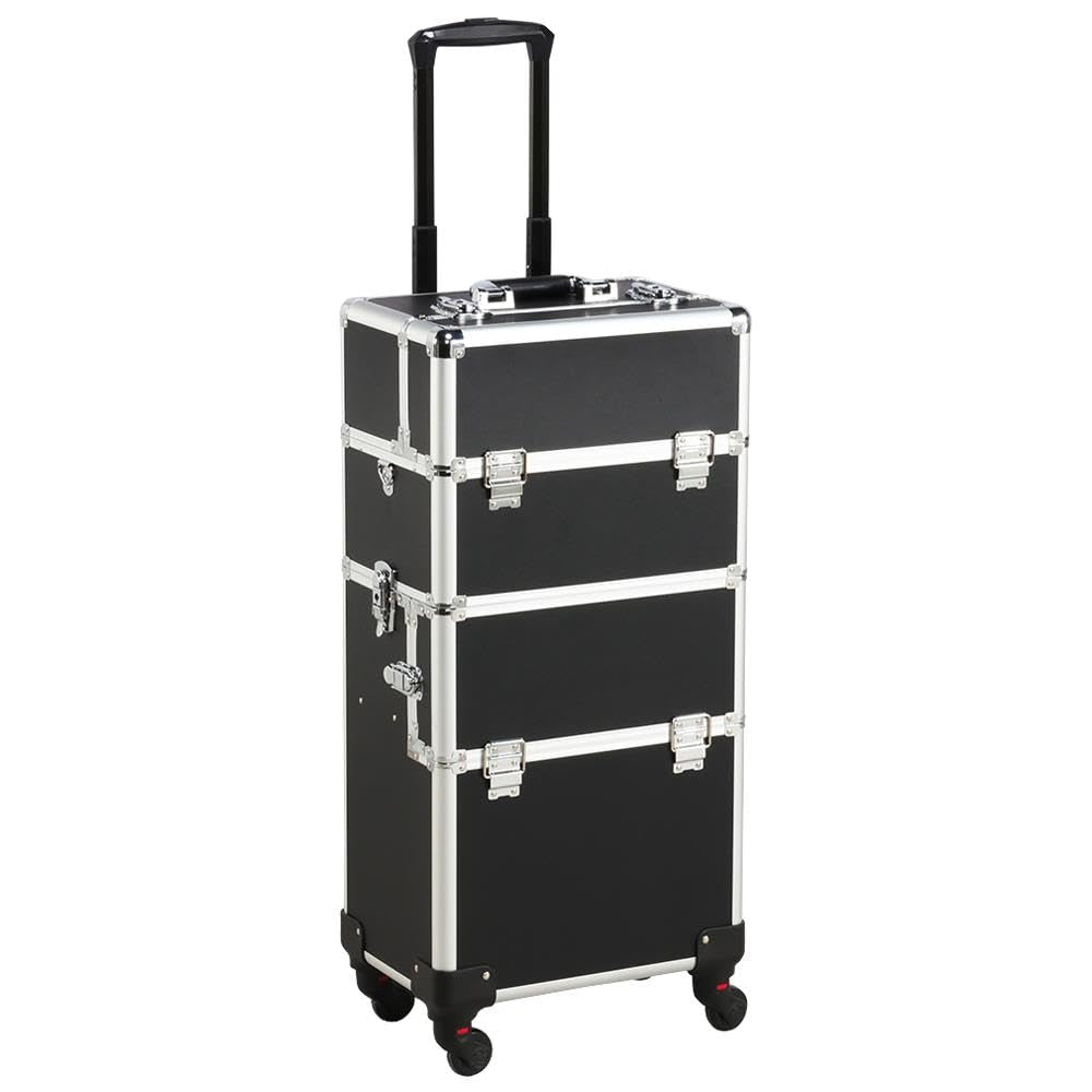 Rolling Makeup Train Case 3 in 1 Cosmetic Makeup Case Large Aluminum Trolley Makeup Travel Case Professional Rolling Cosmetic Beauty Storage, with 360° Swivel Wheels, Black