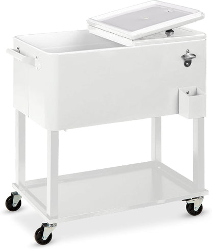 80-Quart Outdoor Steel Rolling Cooler Cart W/Ice Chest, Bottle Opener, Catch Tray, Drain Plug, Locking Wheels