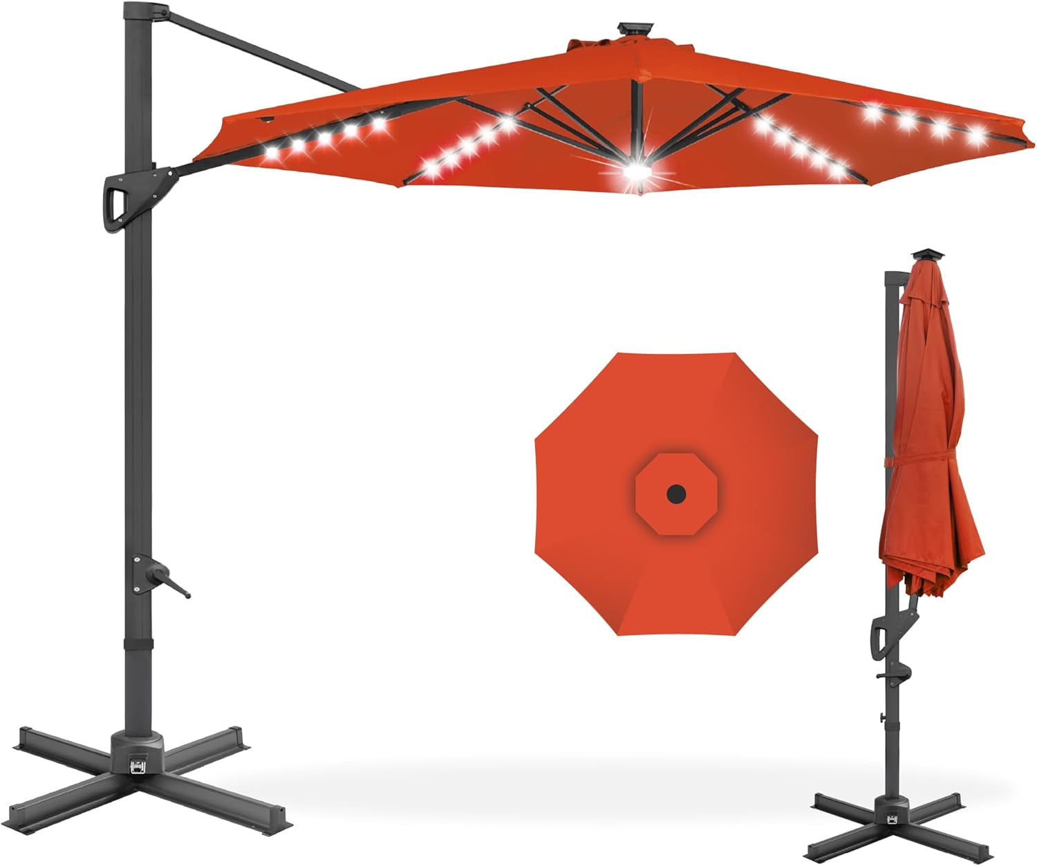 10Ft Solar LED Cantilever Patio Umbrella, 360-Degree Rotation Hanging Offset Market Outdoor Sun Shade for Backyard, Deck, Poolside W/Lights, Easy Tilt, Cross Base