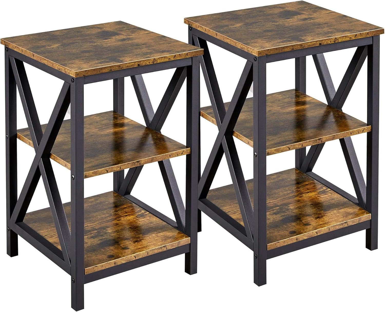 Industrial End Tables, 3-Tier Side Tables with Storage Shelves for Living Room, X Design Sofa Tables, Strong Metal Frame, Easy Assembly, Rustic Brown