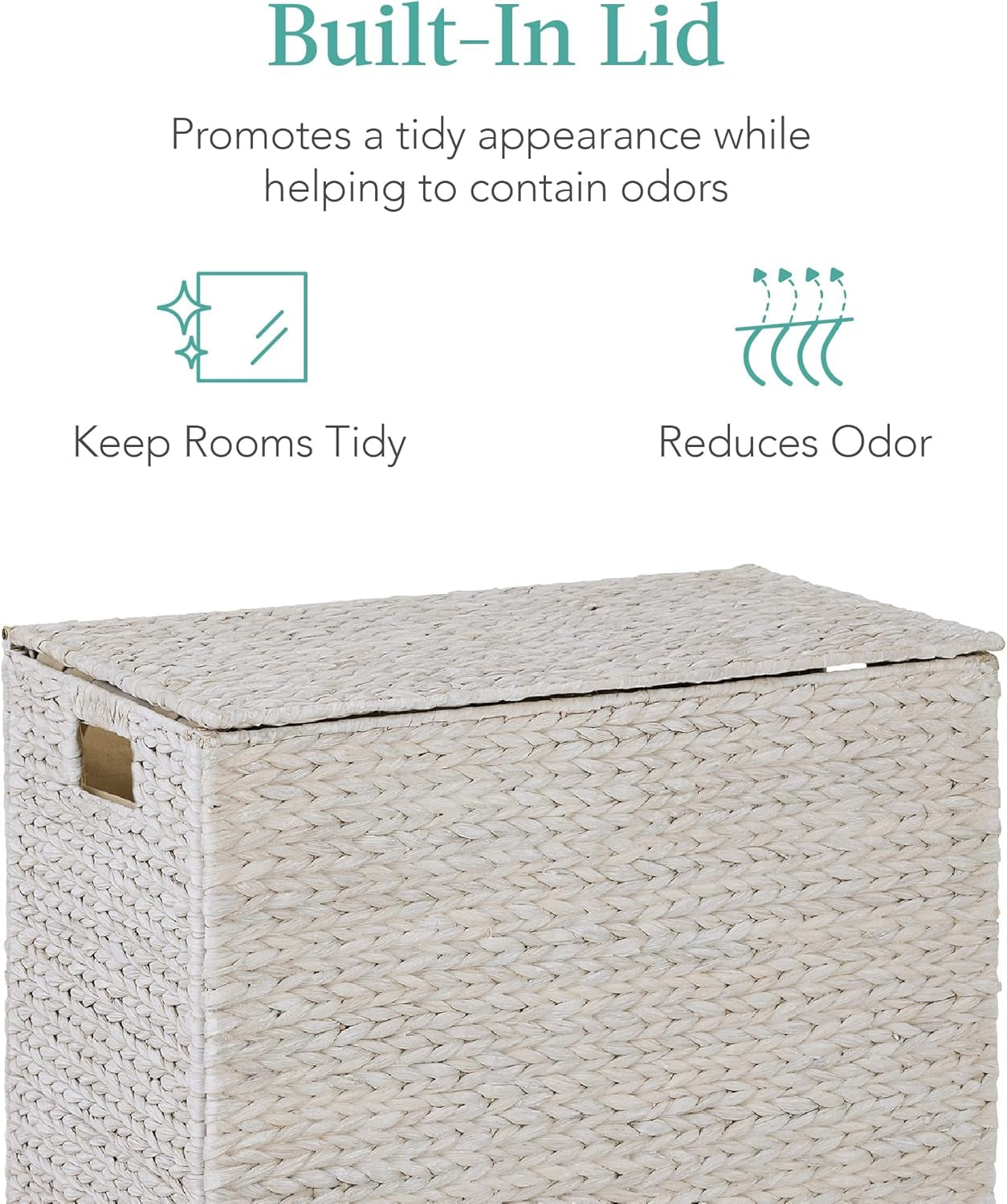 Large Double Laundry Hamper with Lid, Natural Handwoven Water Hyacinth, 2 Sections W/ 2 Machine Washable Linen Liner Bags, Portable, Handles - White