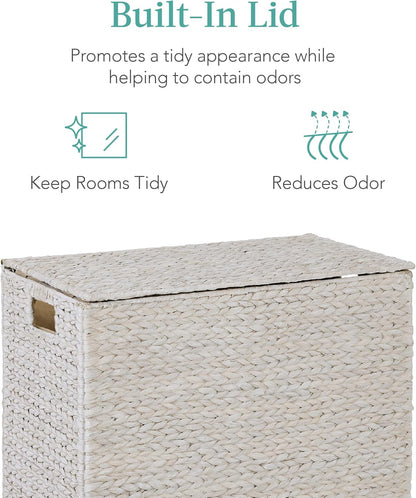 Large Double Laundry Hamper with Lid, Natural Handwoven Water Hyacinth, 2 Sections W/ 2 Machine Washable Linen Liner Bags, Portable, Handles - White