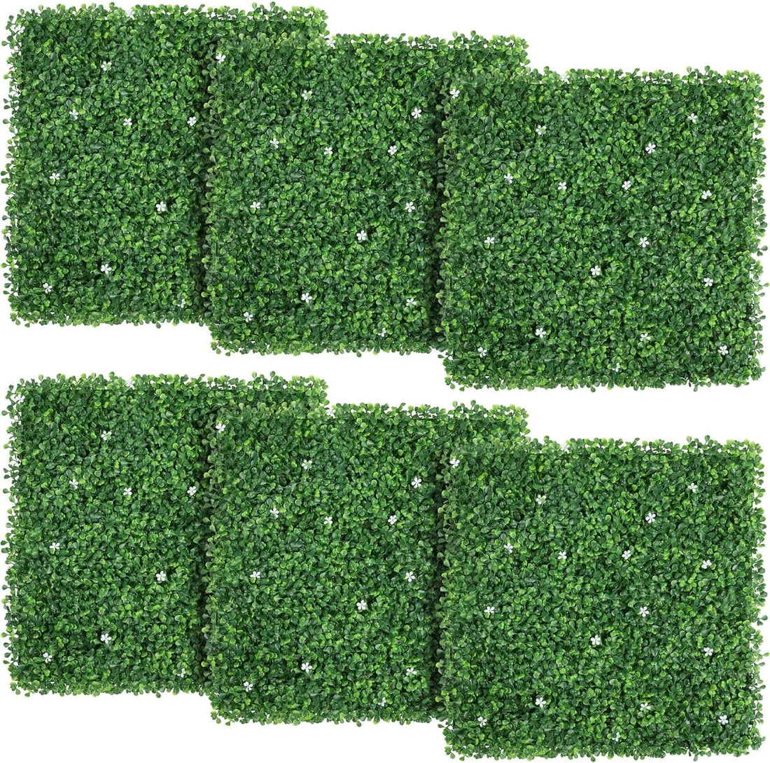 6Pcs 20 X 20 Inch Artificial Boxwood Panels W/Little White Flowers UV Protected Topiary Hedge Plant Privacy Hedge Screen Decorations for Garden,Home,Backyard and Green