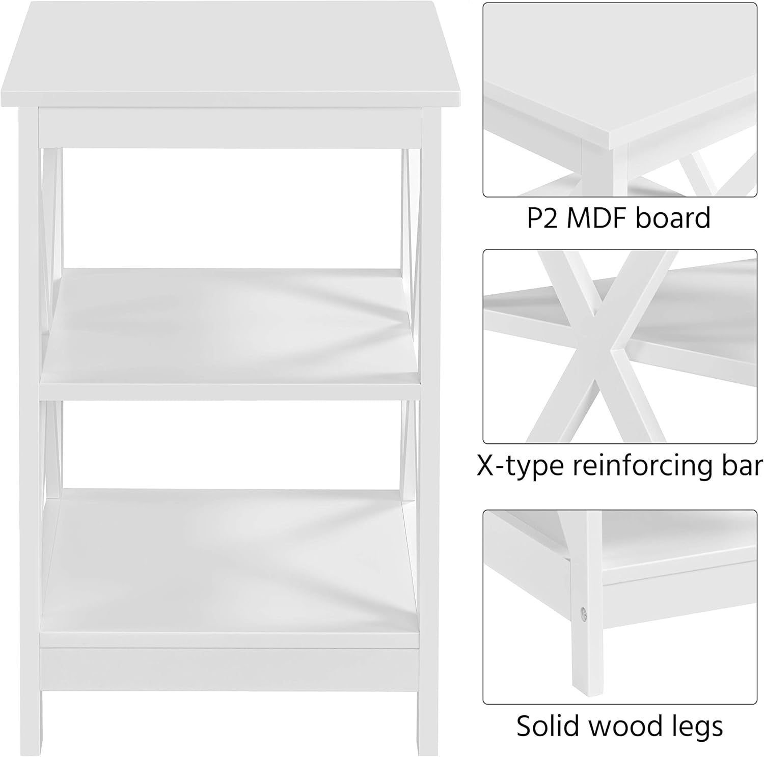 3 Tier Sofa Side End Table with Shelf, X Shaped Sturdy Large Chair Side Snack Table for Living Room, Display Unit Organizer, White, 15.7 X 15.7 X 24’’ (L X W X H)