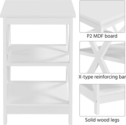 3 Tier Sofa Side End Table with Shelf, X Shaped Sturdy Large Chair Side Snack Table for Living Room, Display Unit Organizer, White, 15.7 X 15.7 X 24’’ (L X W X H)