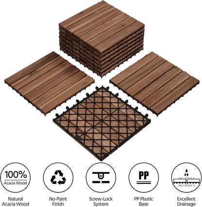 27PCS Acacia Wood Interlocking Flooring Tiles Waterproof Flooring for Outdoor &amp; Indoor Patio,Balcony,Garden,Poolside,12 × 12 In,Brown