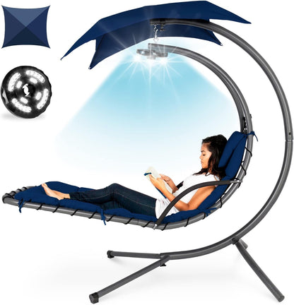 Hanging Led-Lit Curved Chaise Lounge Chair Swing for Backyard, Patio, Lawn W/ 3 Light Settings, Weather-Resistant Pillow, Removable Canopy Shade, Steel Stand - Teal