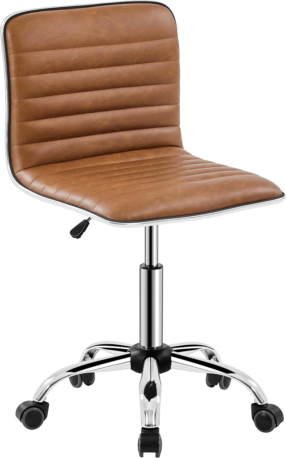 Adjustable Task Chair PU Leather Low Back Ribbed Armless Swivel White Desk Chair Office Chair Wheels