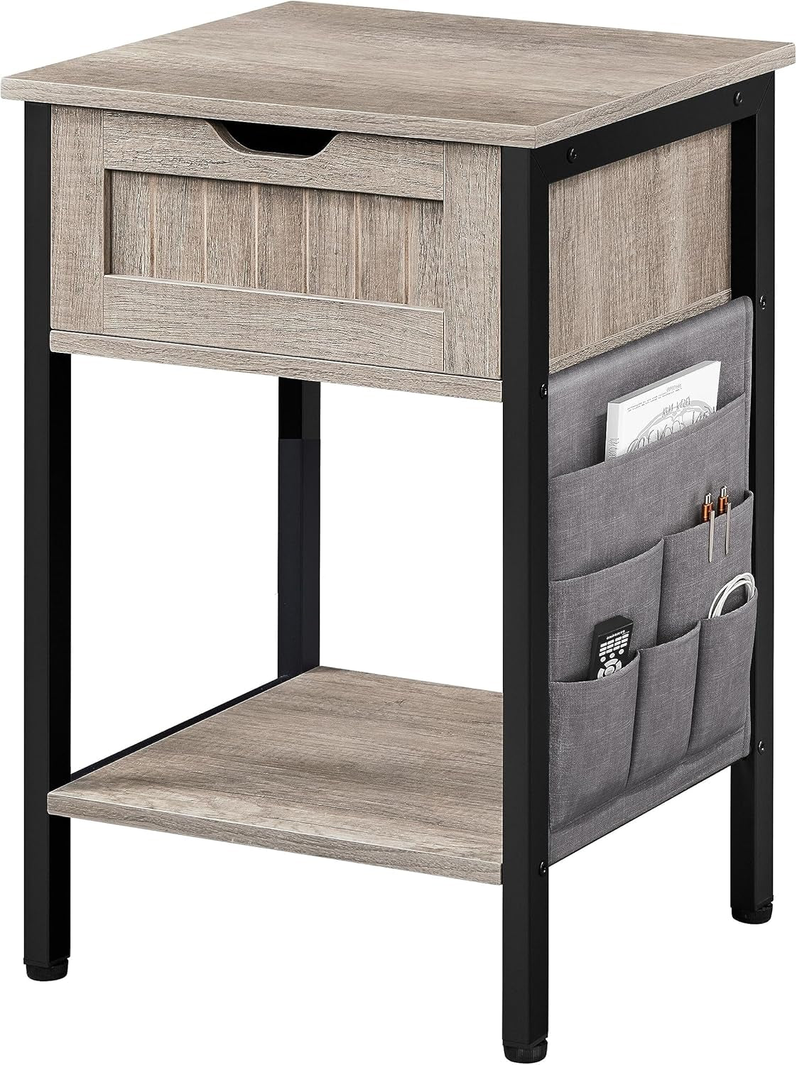 End Table with Drawer and Shelf, Sofa Side Table with Removable Storage Bag, Wooden Nightstand Bedside Table with Steel Legs for Living Room/Bedroom/Small Space, Gray