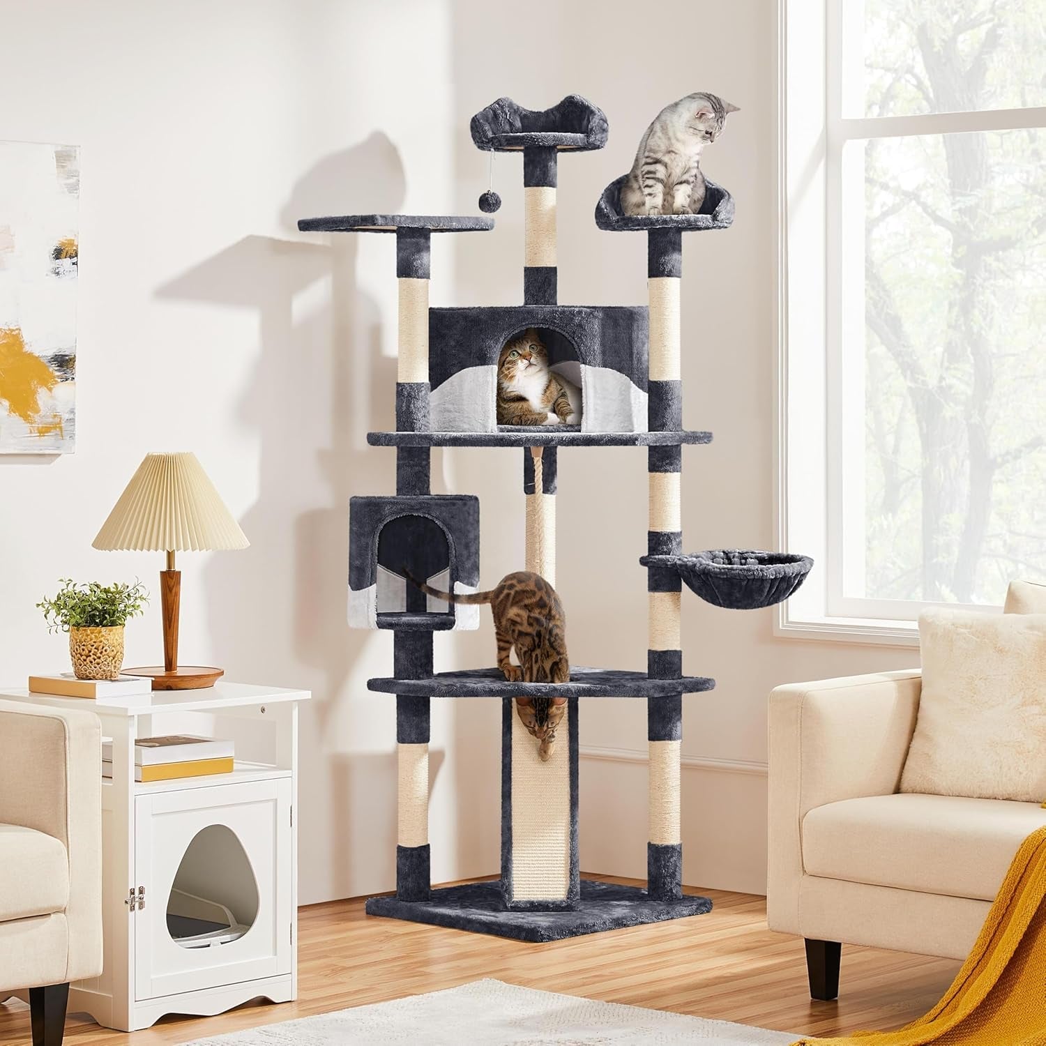 79In Multi-Level Cat Trees Indoor Cat Tower with Sisal-Covered Scratching Posts, Plush Perches and Condo for Kittens, Cats and Pets - Dark Gray and White