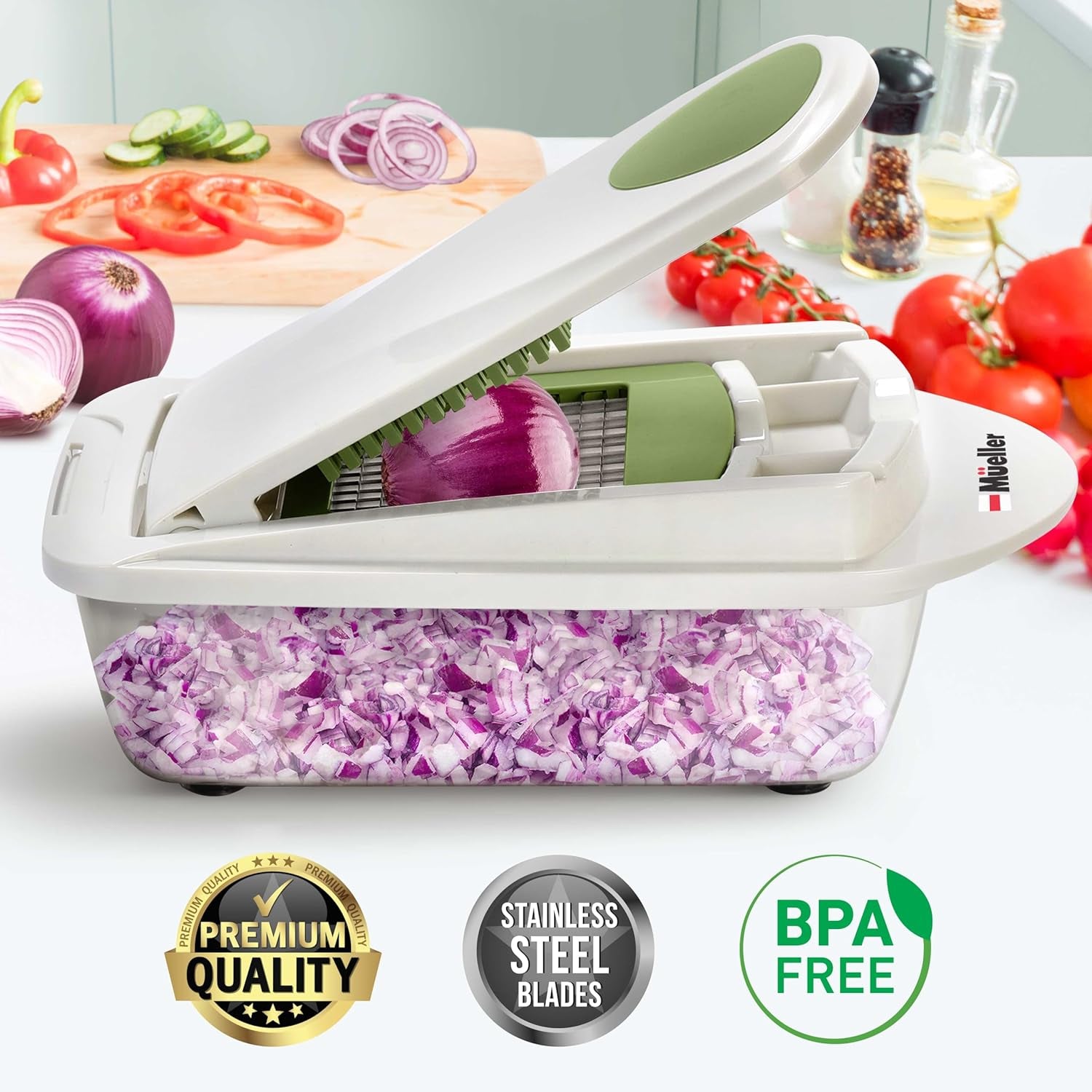 Pro-Series 10-In-1, 8 Blade Vegetable Chopper, Onion Mincer, Cutter, Dicer, Egg Slicer with Container, French Fry Cutter Potato Slicer, Home Essentials, Salad Chopper White Sand/Green